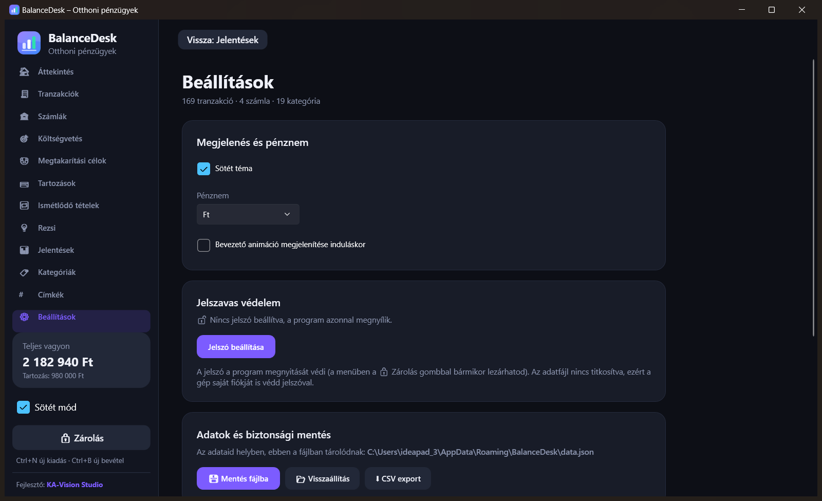A BalanceDesk sötét témájú beállítások képernyője jelszavas védelemmel és helyi adatmentéssel