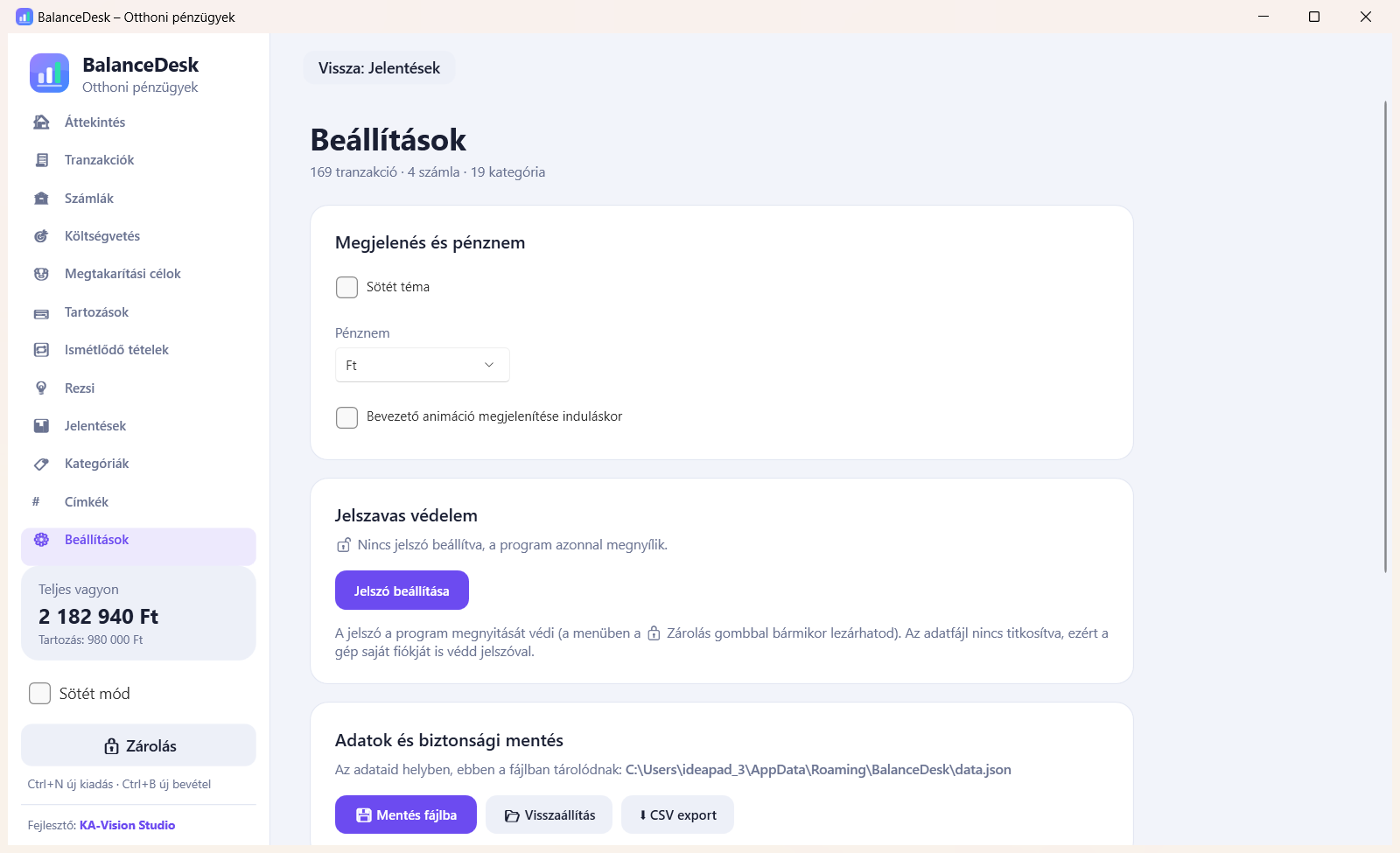 A BalanceDesk világos témájú beállítások képernyője