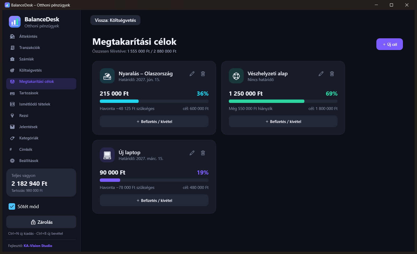 A BalanceDesk sötét témájú megtakarítási célok képernyője haladási sávokkal