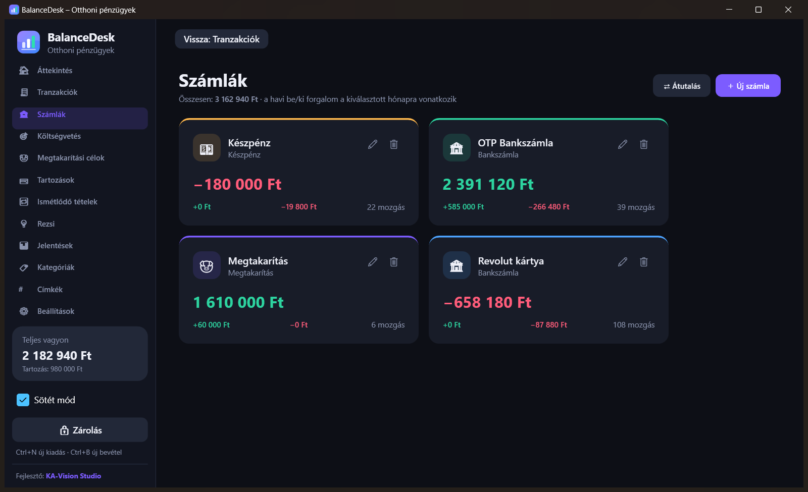 A BalanceDesk sötét témájú számlák képernyője bankszámlákkal és megtakarításokkal