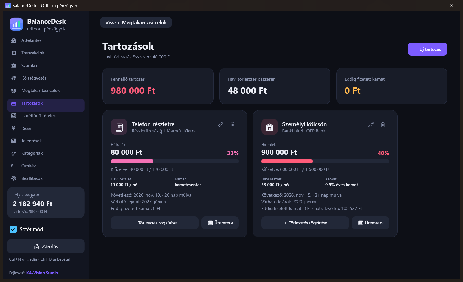 A BalanceDesk sötét témájú tartozások képernyője törlesztési adatokkal