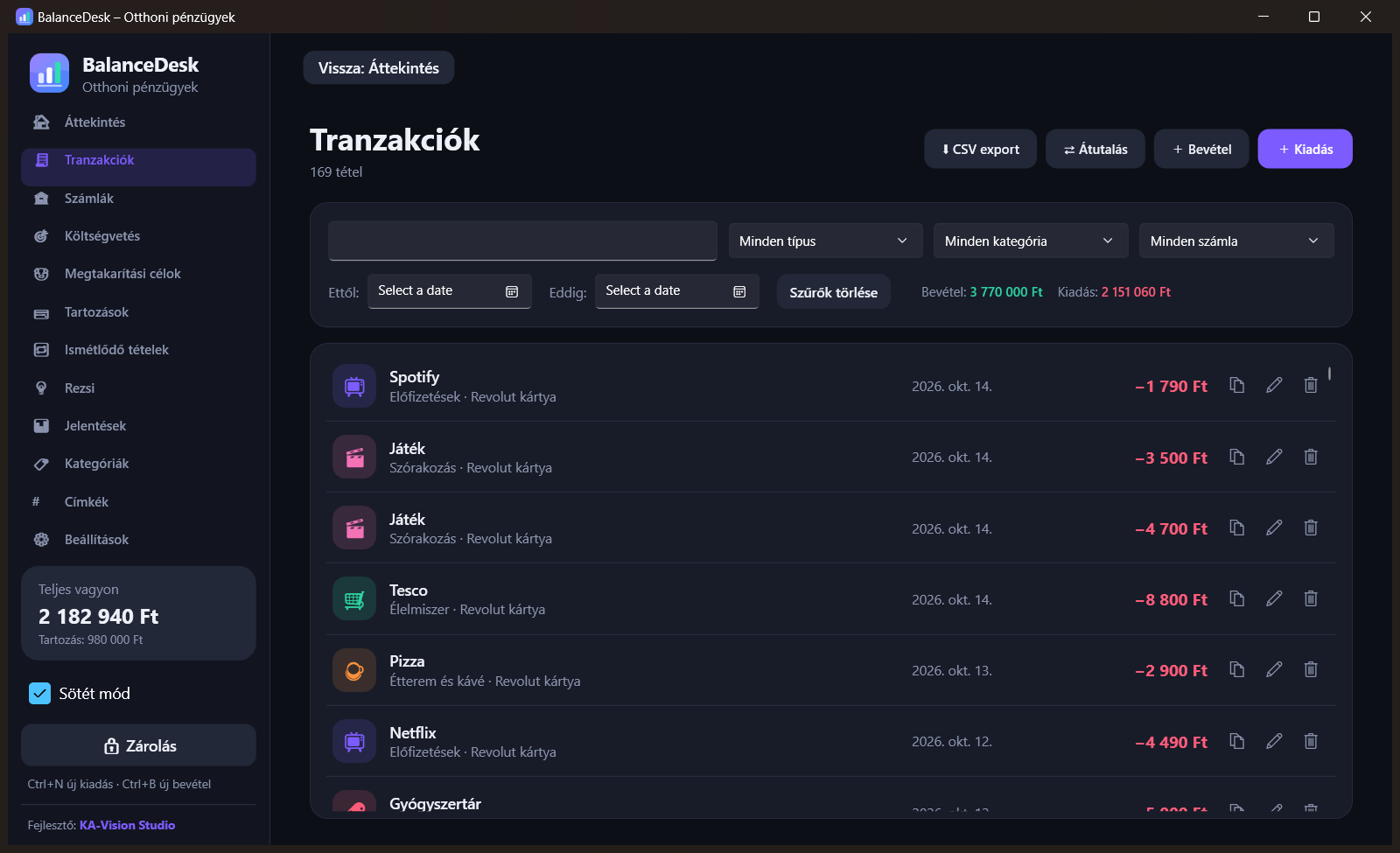 A BalanceDesk sötét témájú tranzakciók képernyője szűréssel és CSV-exporttal